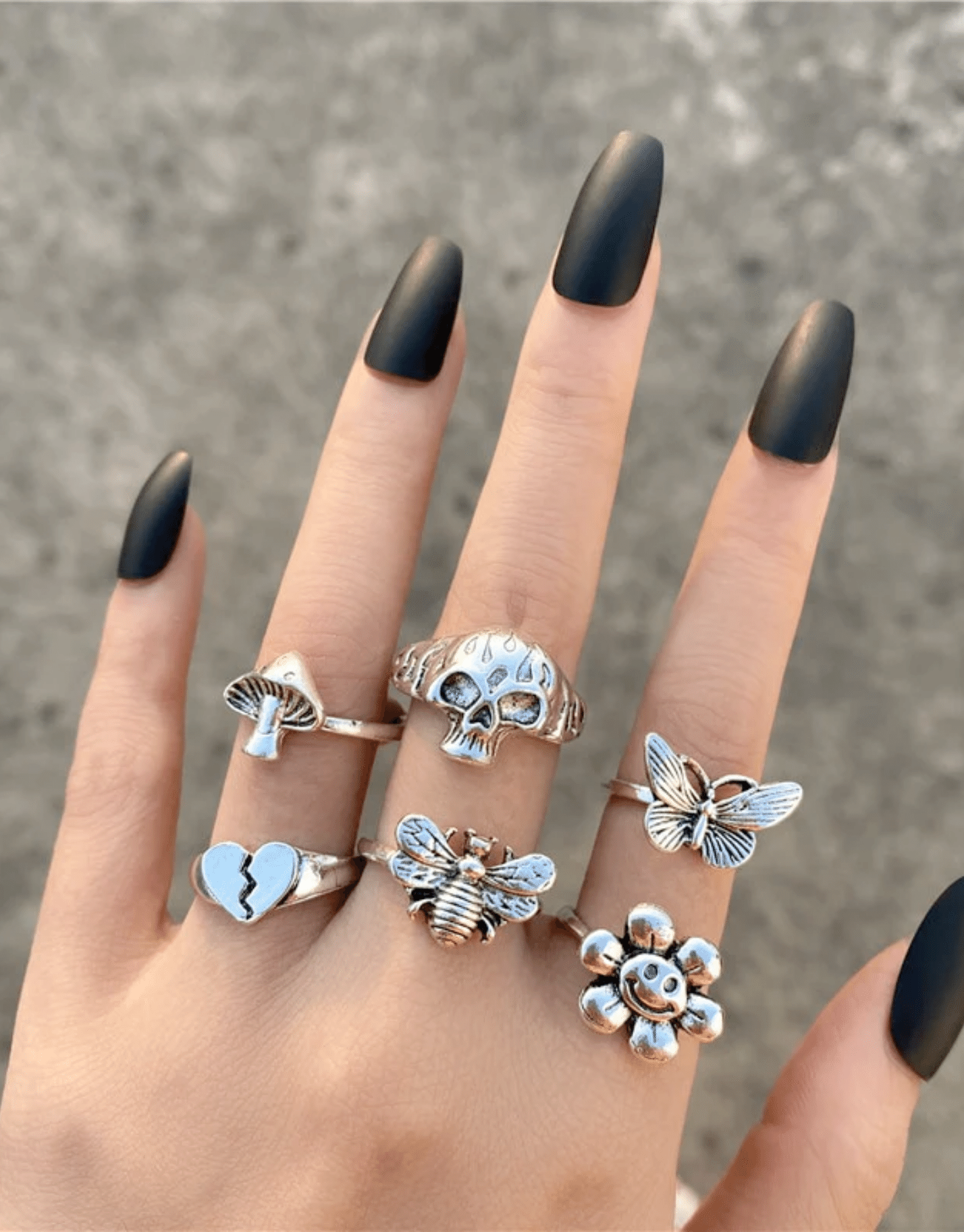 Sneaked - Ensemble bague punk en argent pour femme avec tête de mort papillon abeille