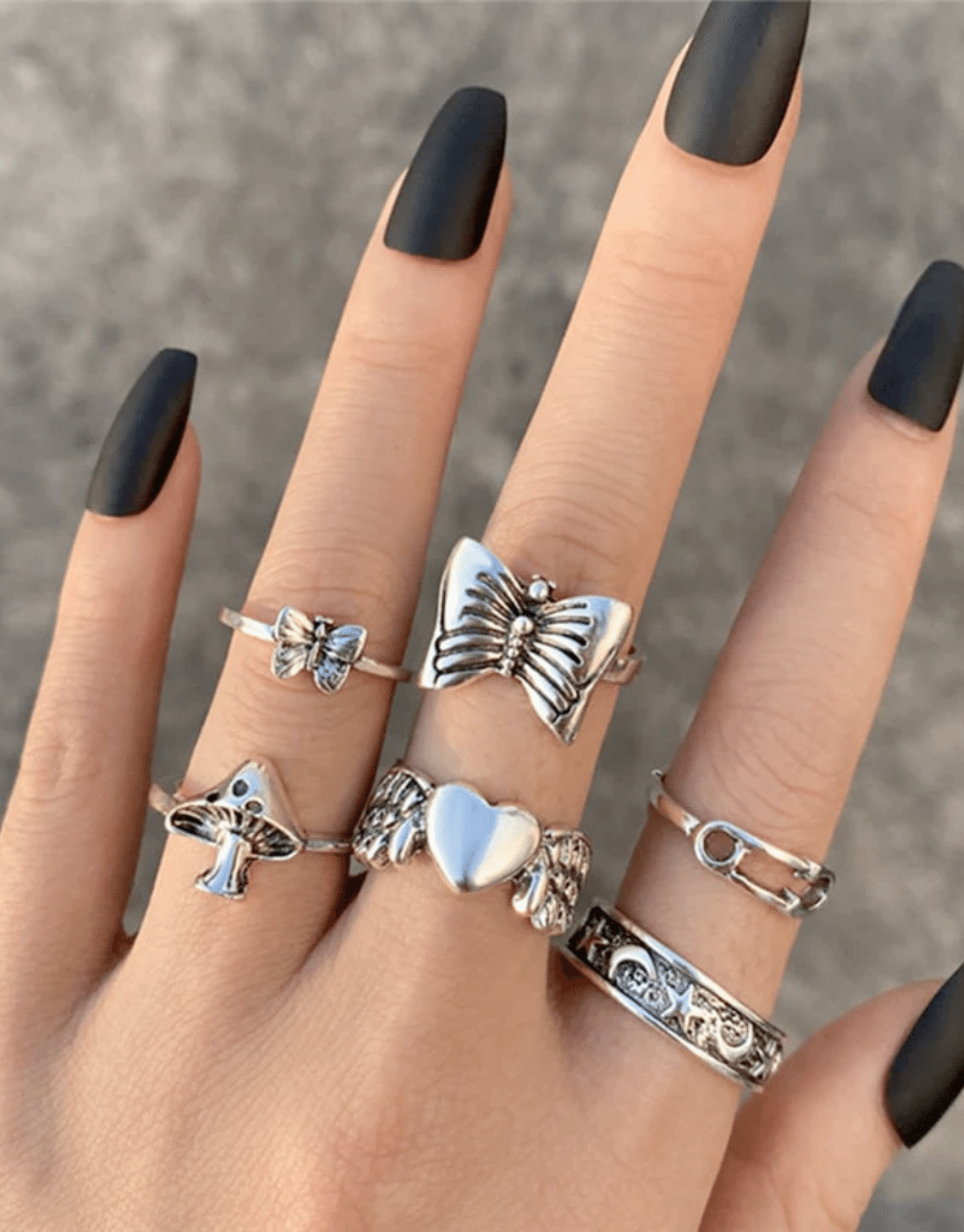 Sneaked - Ensemble de bague retro punk en argent avec papillon champignon