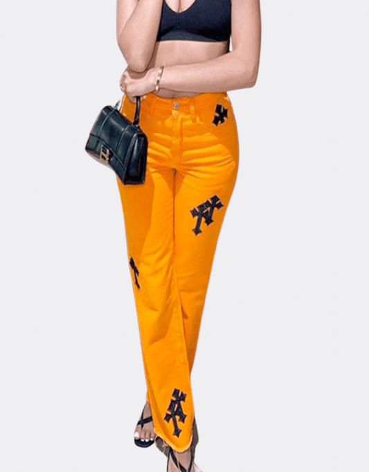 Sneaked - Pantalon jean orange avec broderie croix gothique style y2k