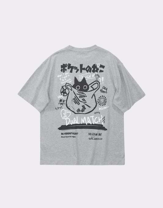 Sneaked - T-shirt avec chat qui se cache et écriture japonais