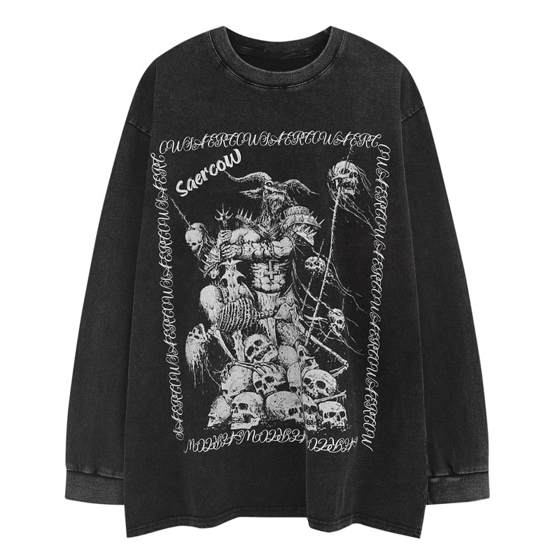 Sneaked - T-Shirt à manches longues style Streetwear et Punk, taille oversize en coton, avec motif imprimé crâne diable et squelette