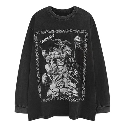 Sneaked - T-Shirt à manches longues style Streetwear et Punk, taille oversize en coton, avec motif imprimé crâne diable et squelette