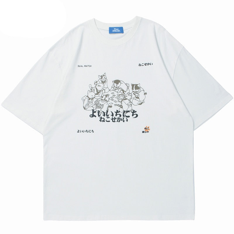 Sneaked - T-shirt motif jeu de carte entre chat style asiatique