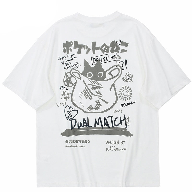 Sneaked - T-shirt avec chat qui se cache et écriture japonais