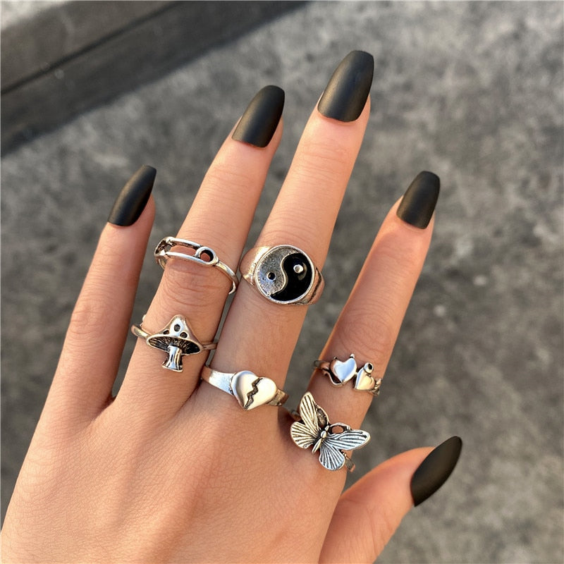 Sneaked - Ensemble bague femme y2k en argent motif yin yang