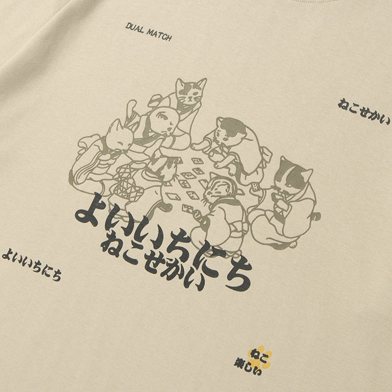 Sneaked - T-shirt motif jeu de carte entre chat style asiatique