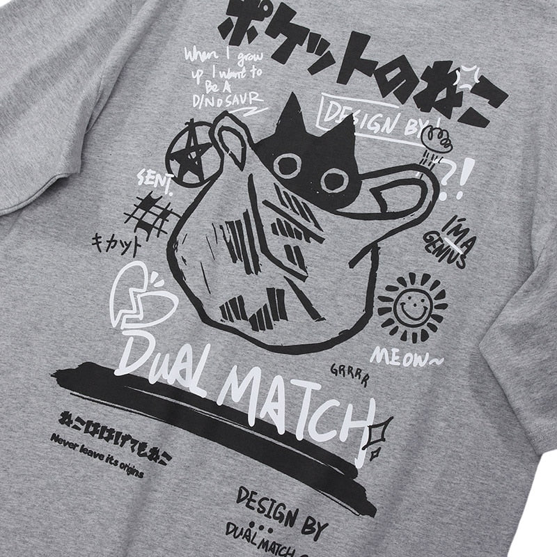 Sneaked - T-shirt avec chat qui se cache et écriture japonais