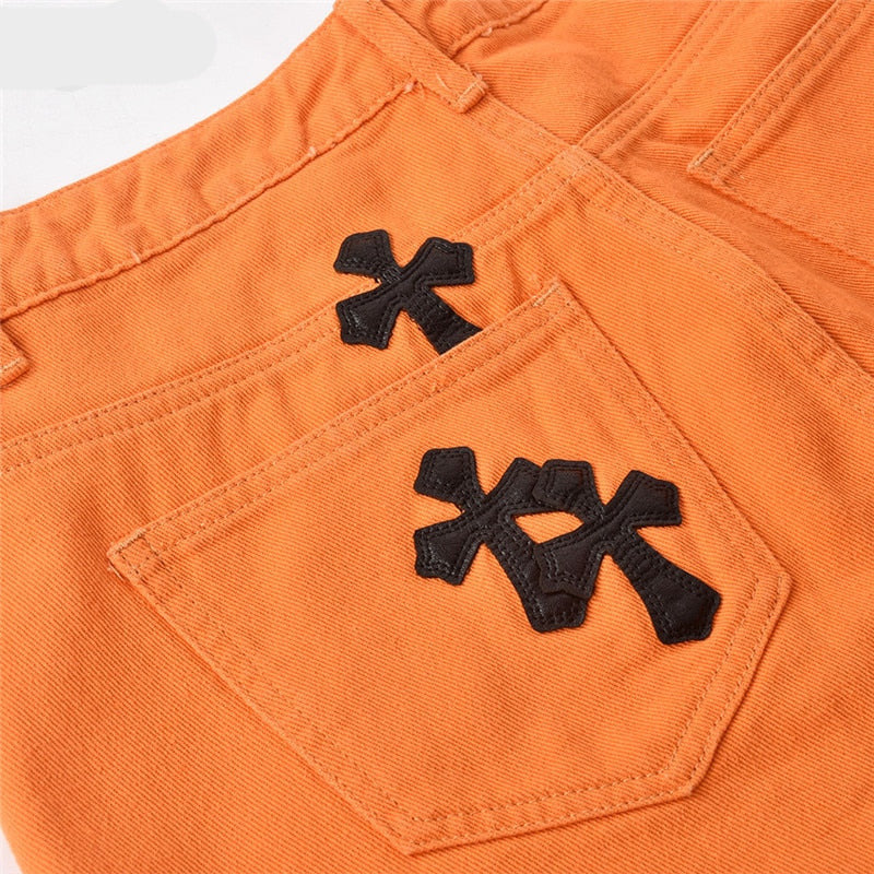 Sneaked - Pantalon jean orange avec broderie croix gothique style y2k