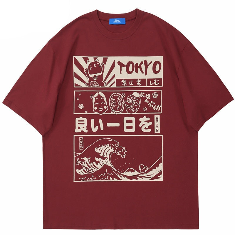 Sneaked - T-shirt avec motif japonais manga personnage et vague