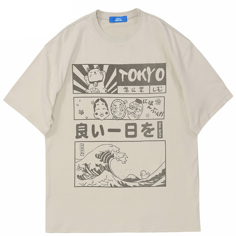 Sneaked - T-shirt avec motif japonais manga personnage et vague